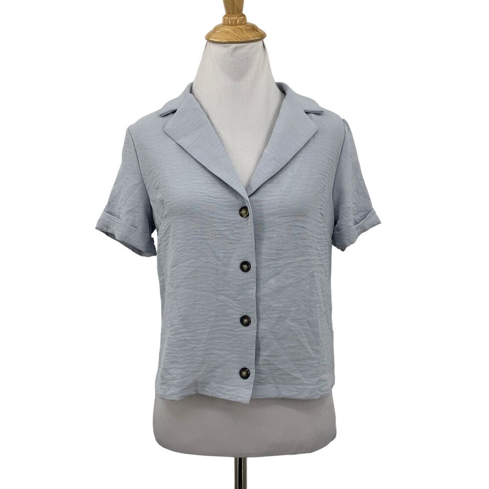 Monteau Cropped Shirt Womens M Medium Blue Bell Cuban Collar Button Up Cuffed